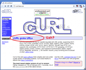 Screenshot of cURL site with cryptic phrase “cURL groks URLs”.