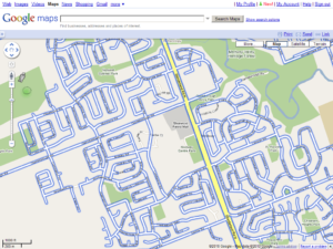 Screenshot of Google Maps showing a lack of street-view for only my street