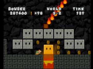 Small bowser standing next to unbreakable yellow block in “Paper Mario 2”