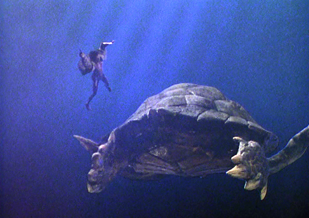 Giant turtle from Bermuda Depths with person for scale