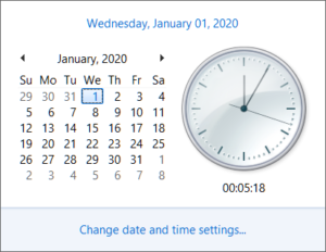 Windows clock abou five minutes after midnight into the new decade