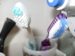 Two trimmed toothbrushes, one short, one medium.