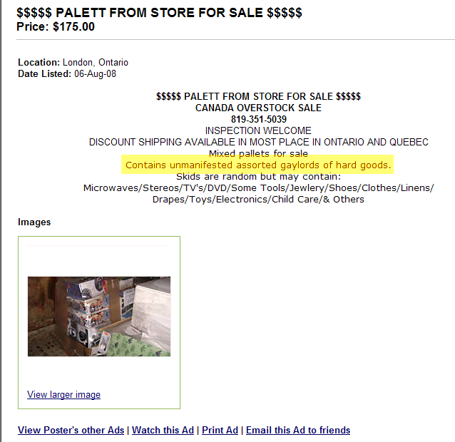 Classified ad for “unmanifested goods” containing “assorted gaylords of hard goods”