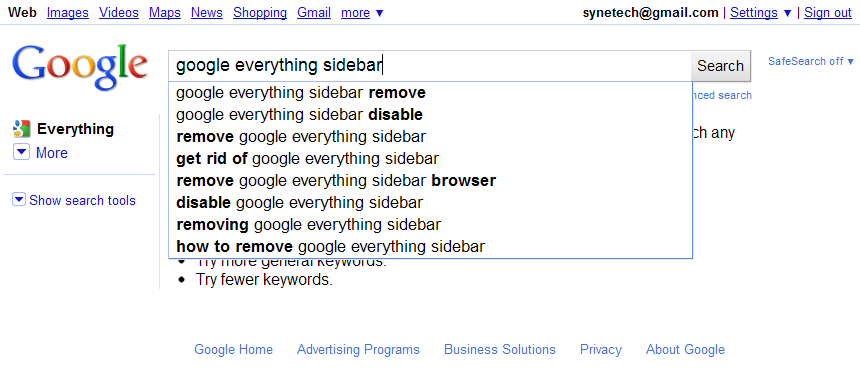 Screencap of Google search suggestions showing most searches for “Google Everything Sidebar” results in questions on getting rid of it.